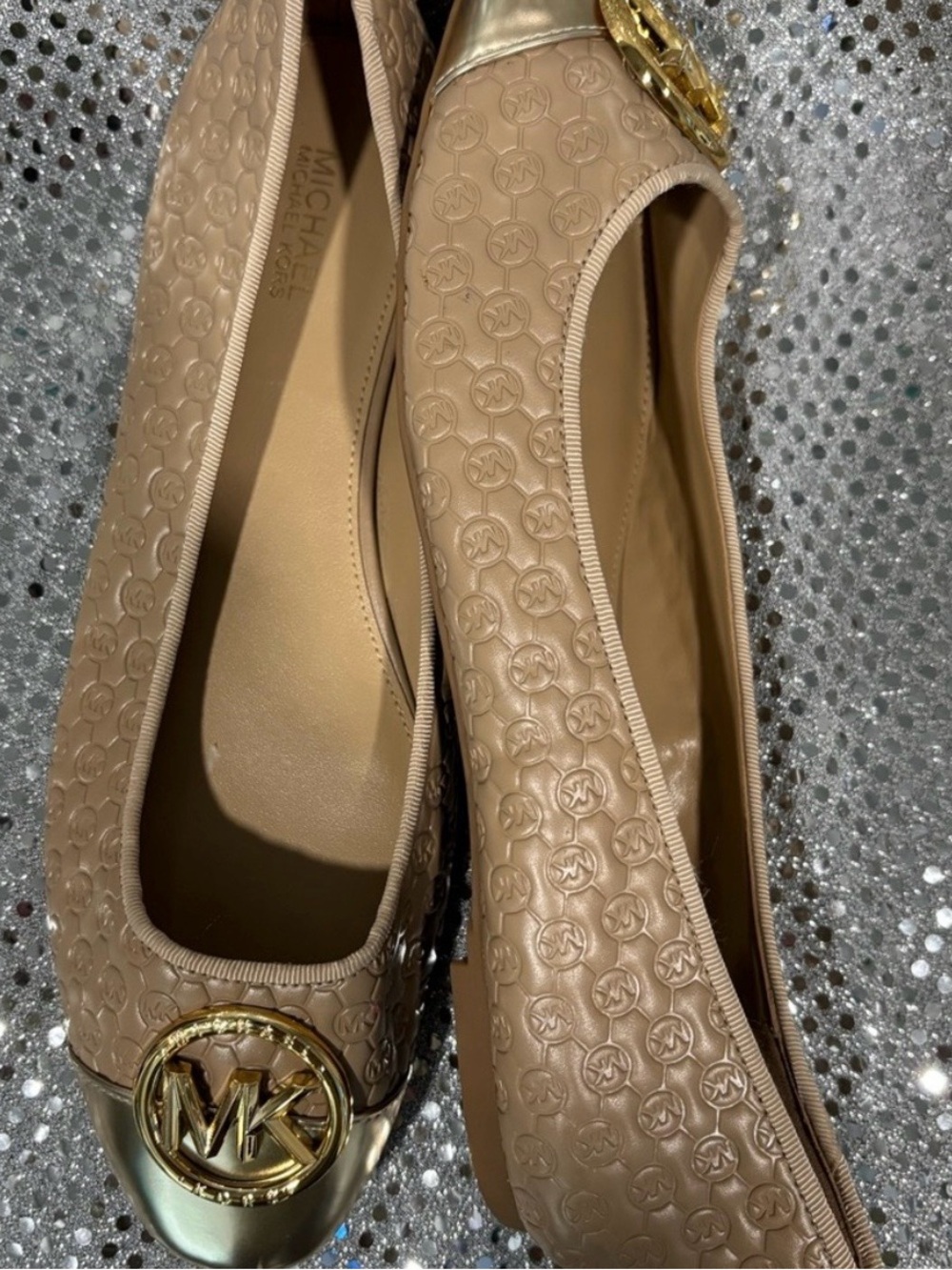 Michael Kors Beige Logo Ballet Flats with Gold Cap Toe - Picture 5 of 10